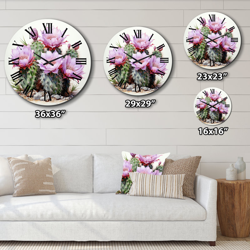 Horloge murale florale cactus rose et vert délicatement complexe II, Grand