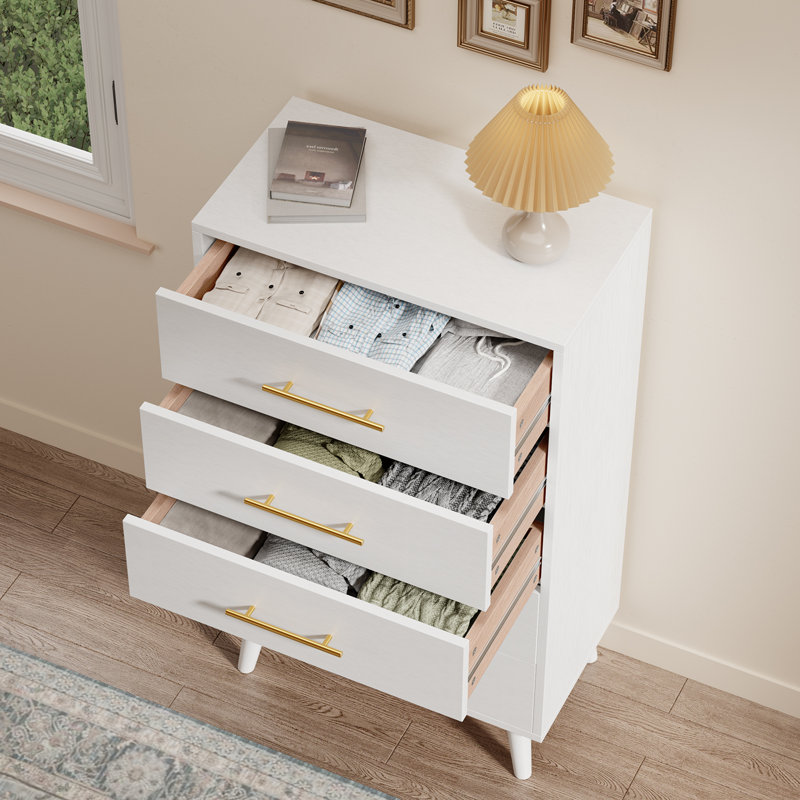 Jakyria 5-Drawer Tall Chest with Modern, Metallic Handles, Engineered Wood Construction, Anti-Tilt Design, White