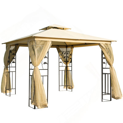 Abri de jardin en métal 10 pi x 10 pi, abri de jardin à double toit avec abat-jour à motif d'arbre et filet, pour jardin, pelouse, cour et terrasse