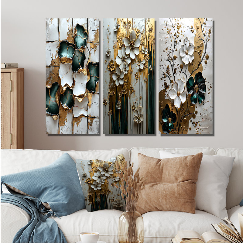 Vert et blanc fleurs élégantes arctiques I - Collection d'art mural de carreaux abstraits gris, H 28 po x l 36 po