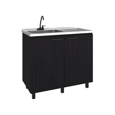 Évier utilitaire moderne avec robinet interchangeable et étagère intérieure, noir et noyer foncé, idéal pour garage, hauteur 91 cm, pieds stables et robinet interchangeable, buanderie ou atelier.