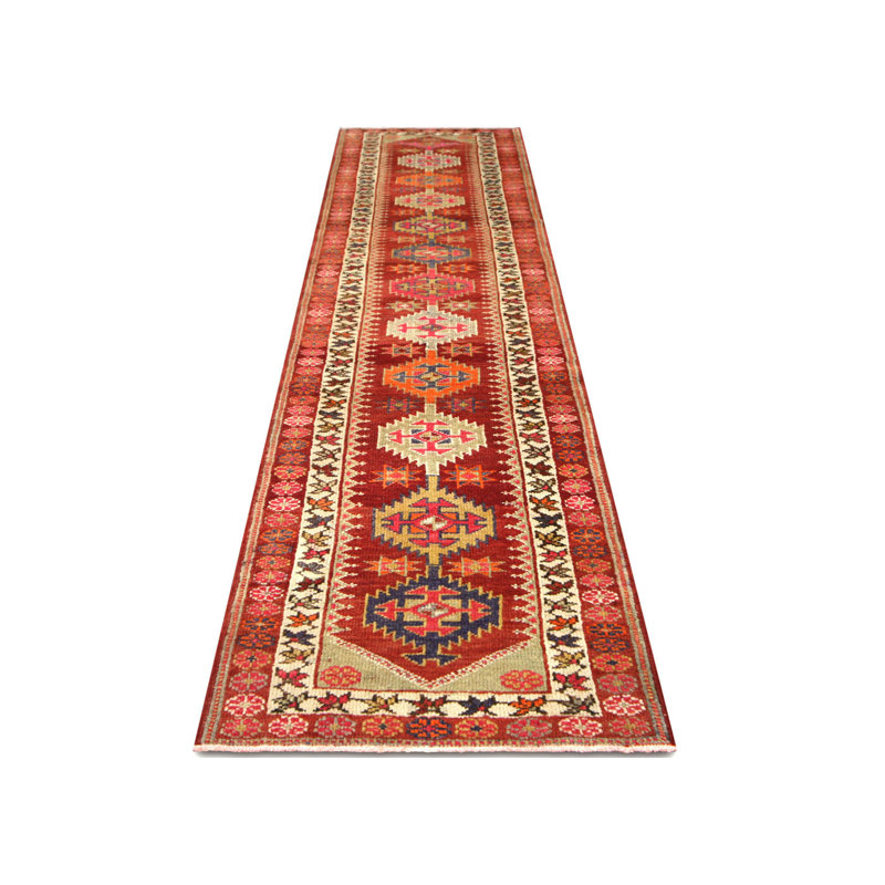 One-of-a-Kind Hand-Knotted 1960s 2'10" x 12'2" Runner Wool Area Rug in Red/Orange/Blue/Ivory