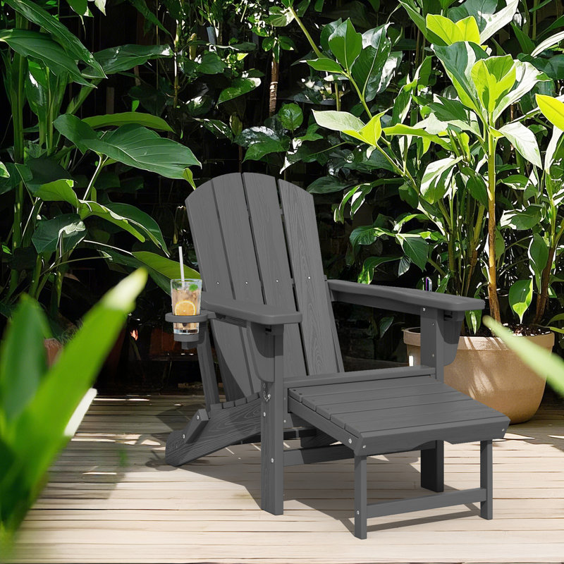 HDPE Foldable Adjustable Outdoor Adirondack Chair With Ottoman and Double Cup Holder, Gray