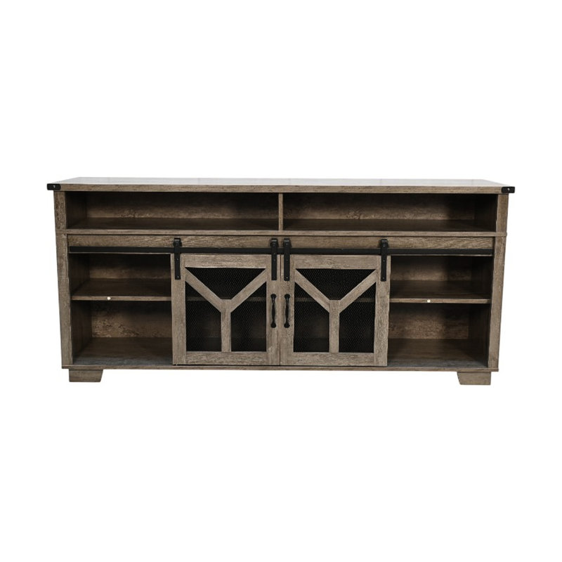 Meuble télé 65,3 po avec porte de grange, bandes à DEL et décor en Y, ton de bois gris, installation de 60 à 69 po avec finition coulissante, espace