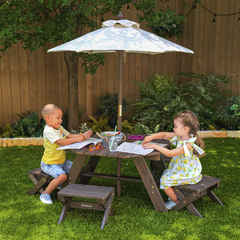 Kids' 6-pc. Wooden Octagon Outdoor Table, Stools & Umbrella Patio Set, Brown