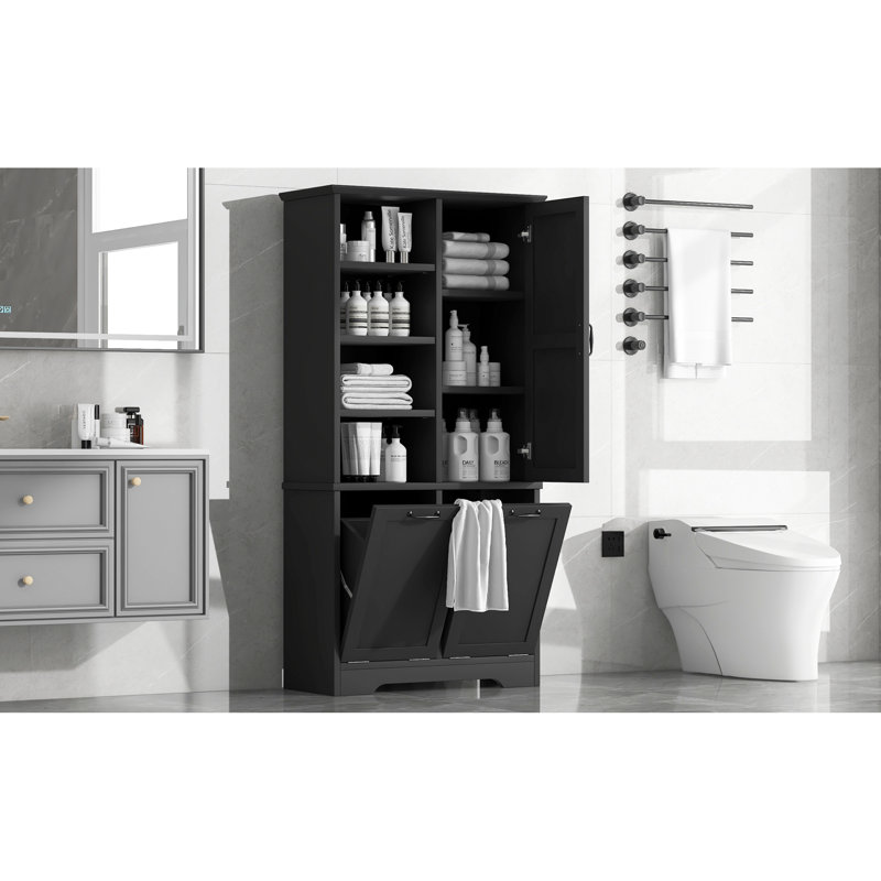  68" Tall Bathroom Storage Cabinet with Dual Tilt-Out Laundry Hampers, Black, Black