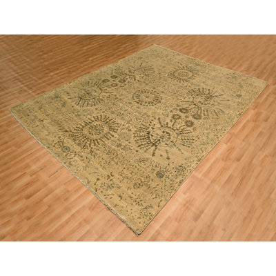 Tapis oriental 7 pi 9 po x 10 pi 1 po aux tons de terre, design artisanal, laine naturelle non teinte, velours zéro, patiné, rasé bas, tapis oriental noué à la main
