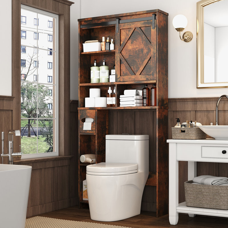 Over The Toilet Storage Cabinet With Farmhouse Sliding Barn Door, Above Toilet Organizer With Toilet Paper Holder Stand, Behind Toilet Shelf, Space Saver For Restroom, Bathroom, Laundry, Brown