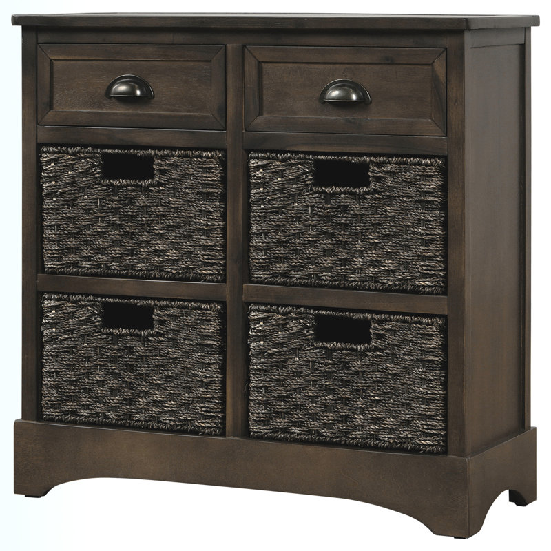 Bueno Wood  Storage Cabinet with Two Drawers and Four Classic Rattan Basket, Light Gray
