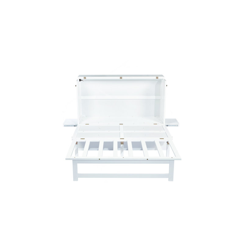 Grand lit escamotable avec port USB et tablettes amovibles de chaque côté, lit escamotable en pin massif pour bureau personnel, chambre d'amis, blanc