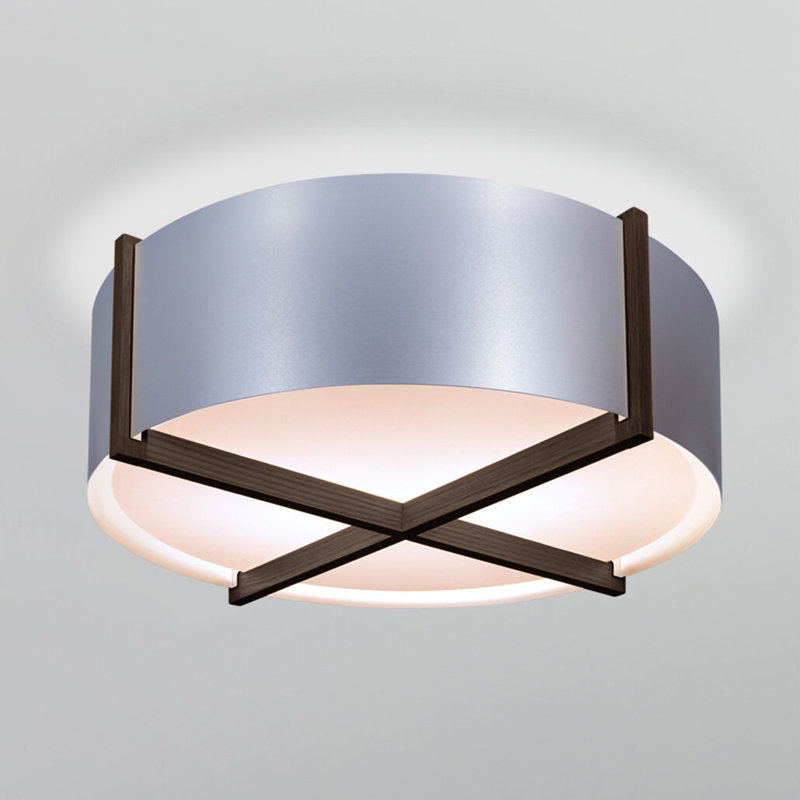 Plura Flush Mount, Brushed Aluminum, Dark Stained Walnut, 7.8" H x 18" W x 18" D