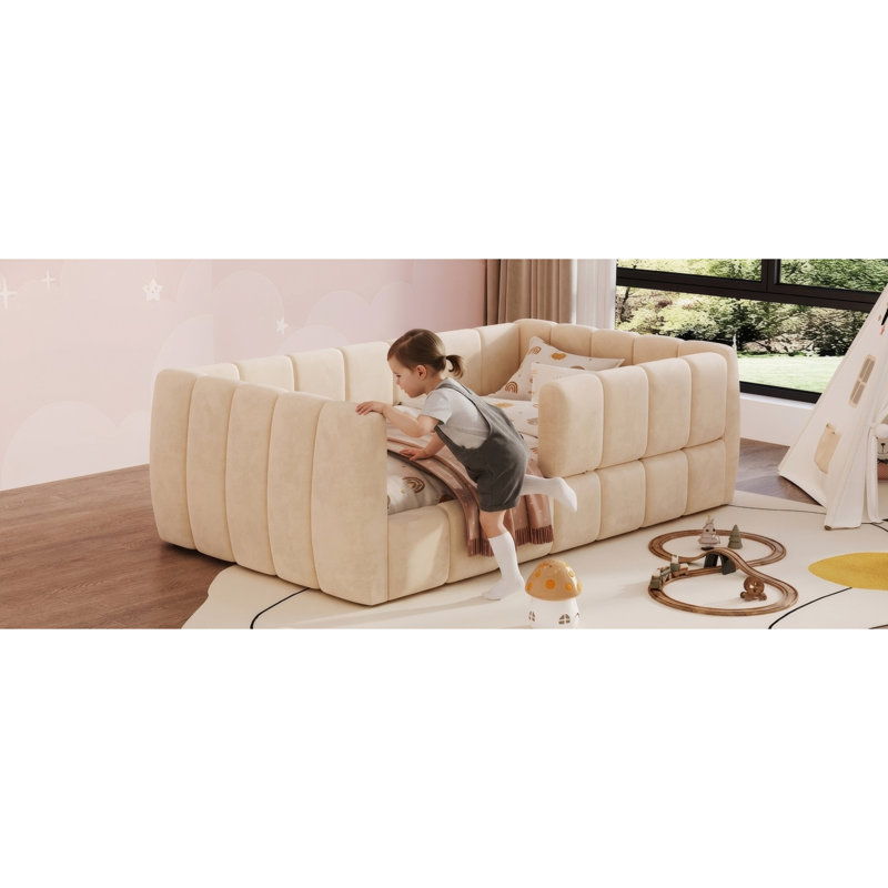 Upholstered Floor Daybed with Removable Guardrails, Beige