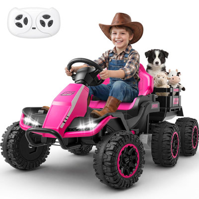 Alex 24V 6 roues sur tracteur avec remorque amovible, télécommande pour les parents, véhicules électriques pour enfants sur UTV, moteurs 2x100W, pneus EVA, télécommande, Bluetooth, musique, 2 vitesses, cadeau