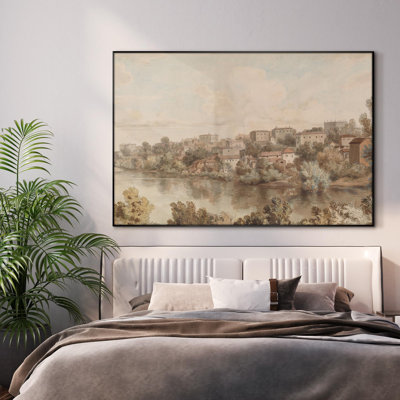 Extra Large Wall Art Fabric Print - Vintage Countryside Landscape European Town River Artwork Decor for Living Room or Bedroom - "Frame Assembly Required (Unfinished Frame)"