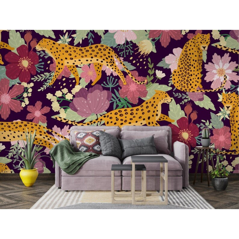 Papier peint imprimé floral mauve léopard, L 96 po x l 108 po