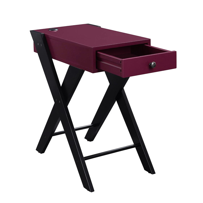 Table d'appoint rectangulaire avec station d'alimentation, finition noire et bourgogne, tiroir simple pour accessoires, base ouverte, joint Kd, matériau, poignée de charge d'accent 24 po de hauteur, conception des pieds, assemblage,