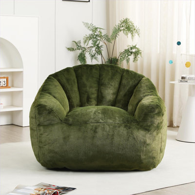 Fauteuil à billes surdimensionné en fausse fourrure vert riche et canapé confortable pour la lecture et la détente des adultes