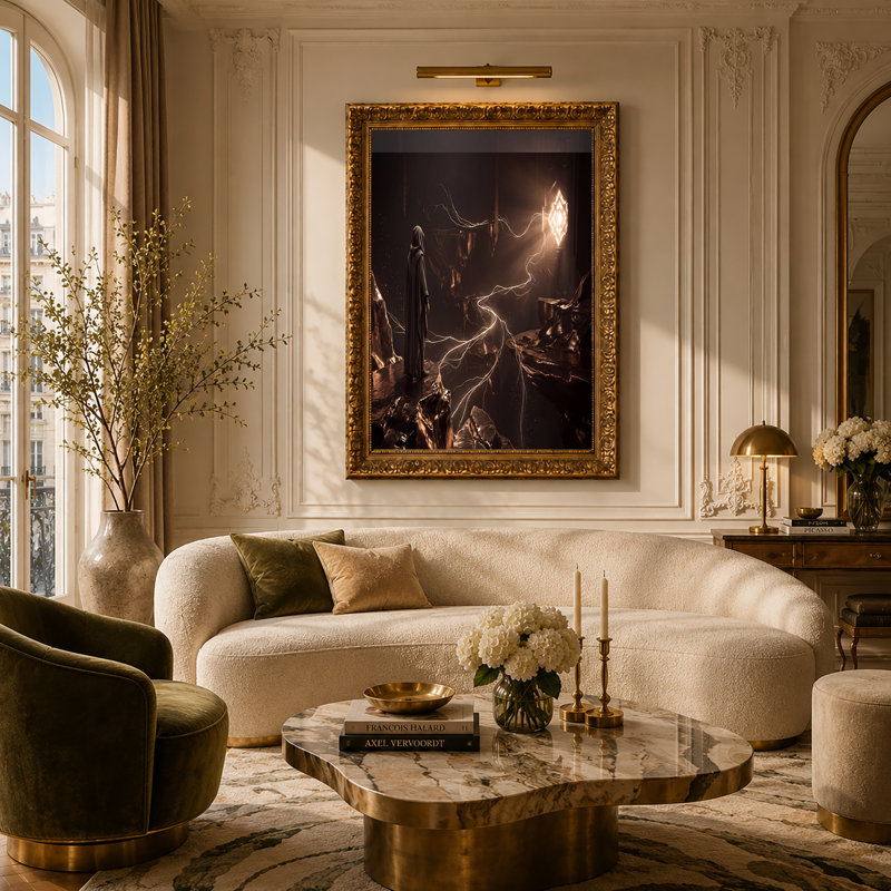 Art mural sur toile à capuchon en bronze avec fenêtre géométrique rougeoyante, H 36 po x l 48 po