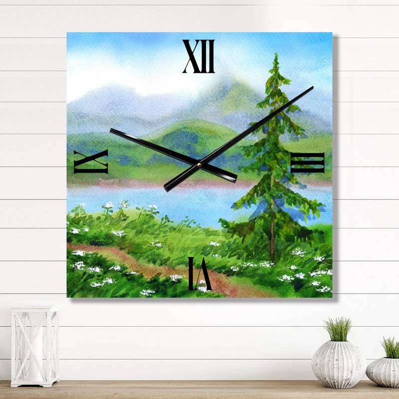 Horloge murale paysage épinette près du sentier sur une colline, Grand