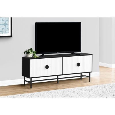 Meuble télé 60 po, centre de divertissement moderne avec gestion des câbles et portes, stratifié noir et blanc, cadre en métal pour le meuble de salon et de rangement pour la chambre à coucher, fabrication stable