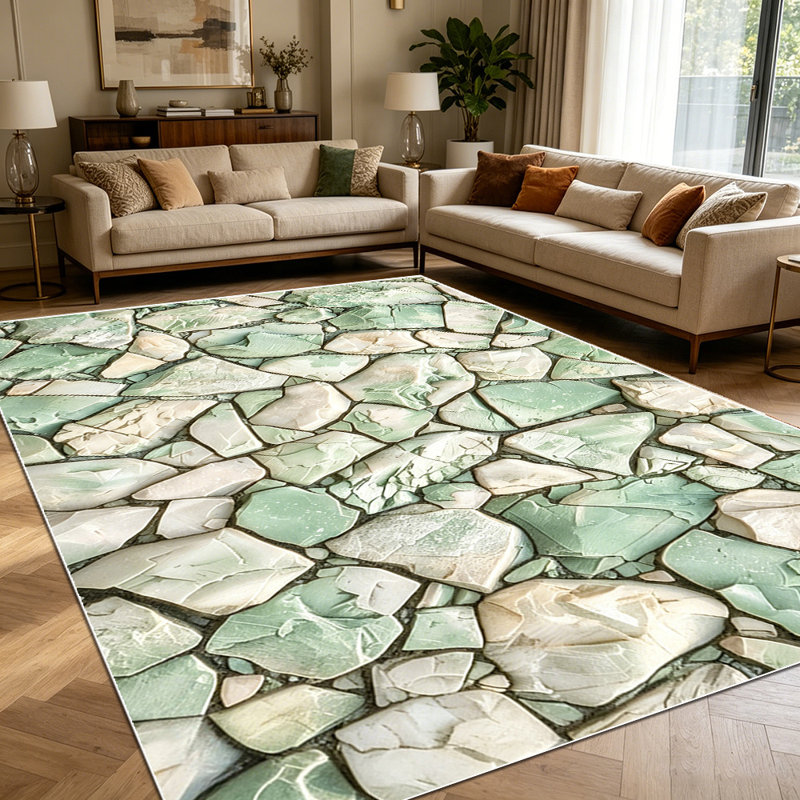 1PC Rustic Sage Green Irregular Stone Mosaic area rugs for Living Room, Soft and Comfortable, Suitable for all seasons, easy-to-maintain, machine washable Indoor floor mat, Under Table Farmhouse suitable for dining table, kitchen island, bedroom,