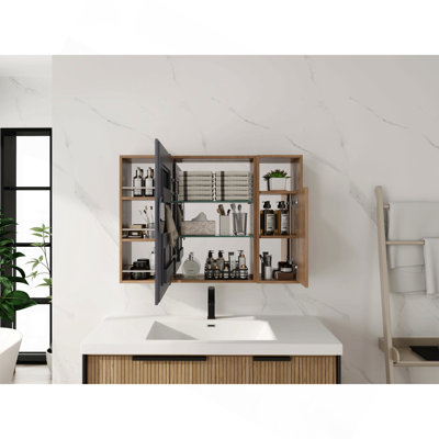 Armoire de salle de bain avec miroir 39,4 po avec combinaison de rangement, armoire à pharmacie murale avec porte miroir, tablettes en verre réglables, contreplaqué