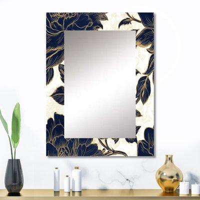 Blue Gold Peonies Symphony III - Blue Traditional Wall Mirror