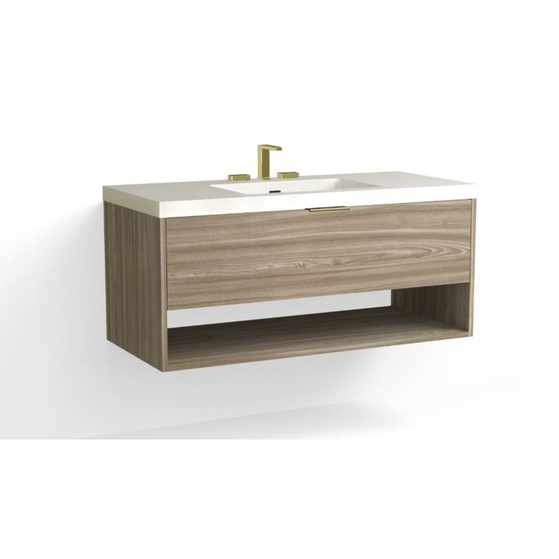 Modo 48" W Wall Mounted Single Bathroom Vanity, Glossy White/Single, White Acrylic, Satin Brass