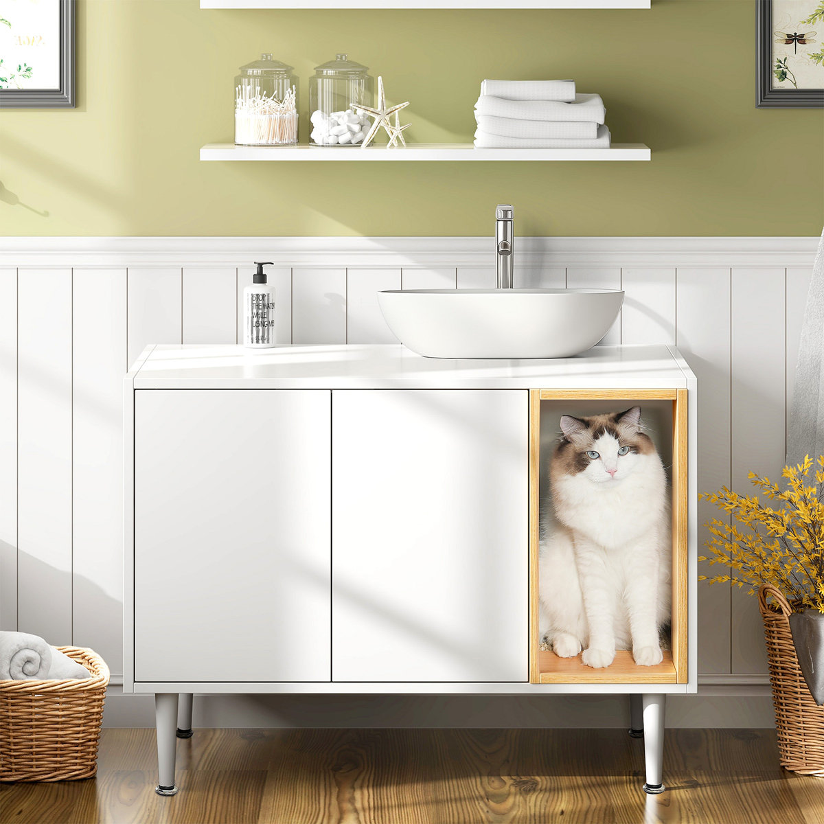 Ebern Designs Bathroom Sink Cabinet With Cat Litter Box Enclosure ...