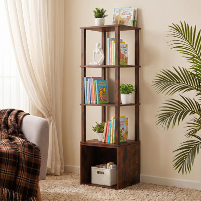 Bibliothèque pivotante à 4 niveaux avec armoire de rangement, tour de rangement en bois rotatif à 360°