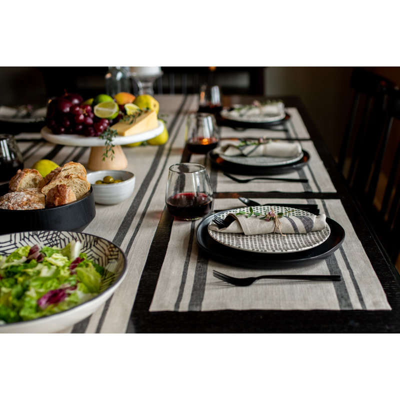 French Stripe - 100% Pure Linen Dinner Napkins, Black and Natural
