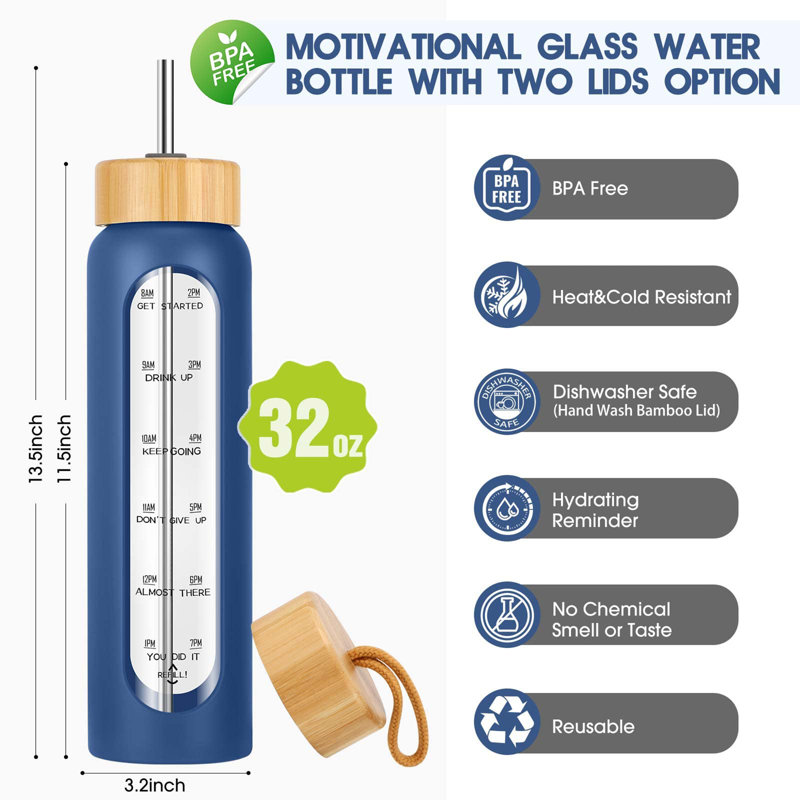32 oz. LoochMee Bouteille d'eau en verre, Bleu marine