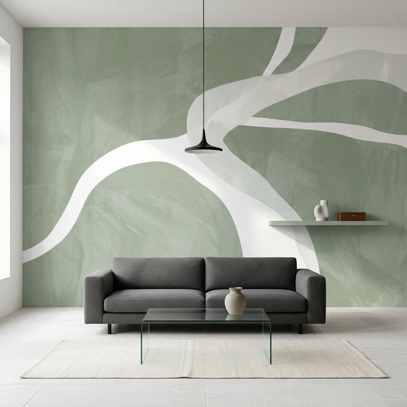 Papier peint sauge vert avec lignes courbes et plâtre texturé amovible, 200 po x 120 po, Peler et coller