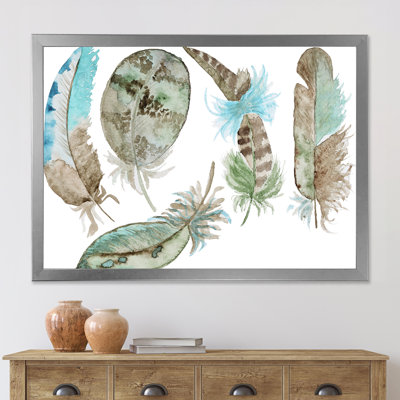 Ensemble de plumes vertes - peinture sur toile encadrée
