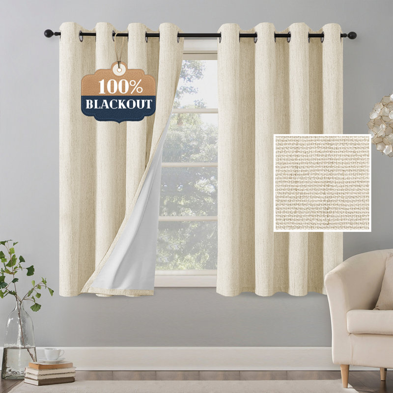 Chenille Linen Blackout Curtain 2 Panels Thermal Insulated Textured Soft Linen Look Curtains Anti-Rust Grommet Window Drapes
