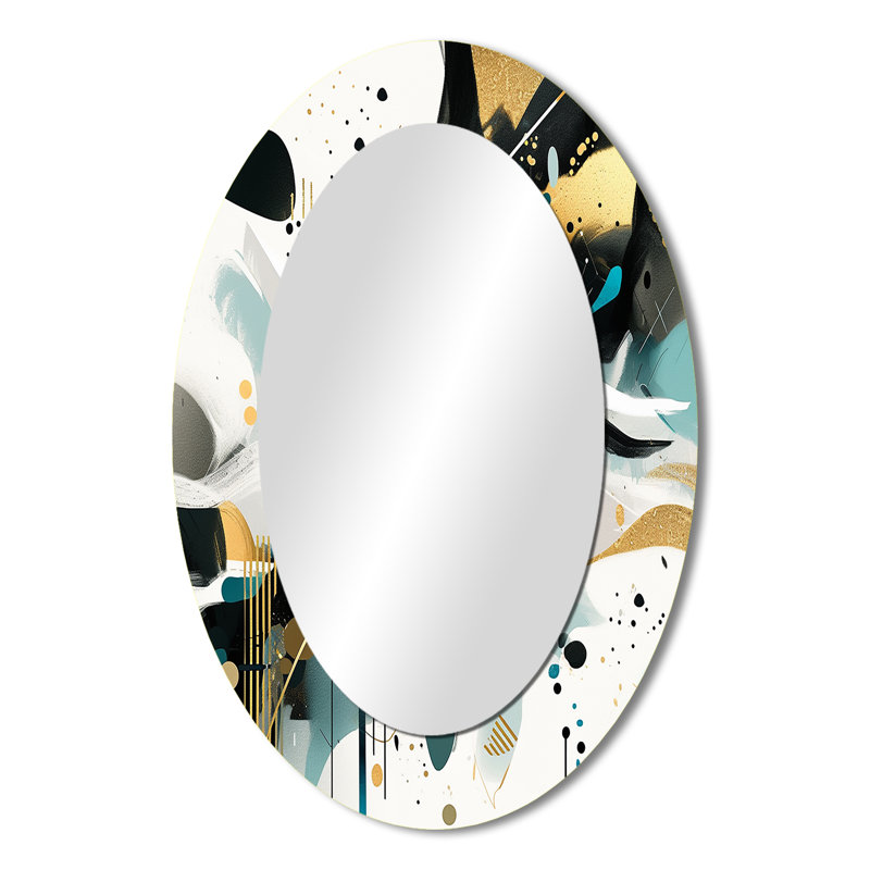 Teal Gold Cubist Kaleidoscope III - Abstract Oval Decorative Mirror On Metal, 36" x 24"
