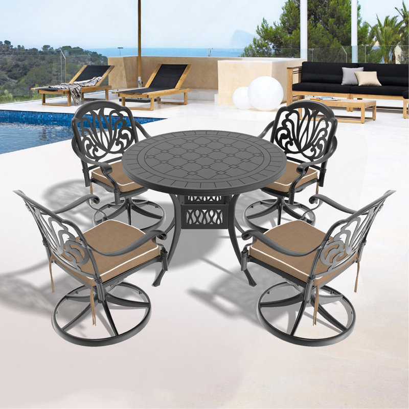 Ensemble de salle à manger 5 pièces en aluminium coulé résistant aux intempéries, comprenant 4 chaises pivotantes et une table ronde avec cadre noir