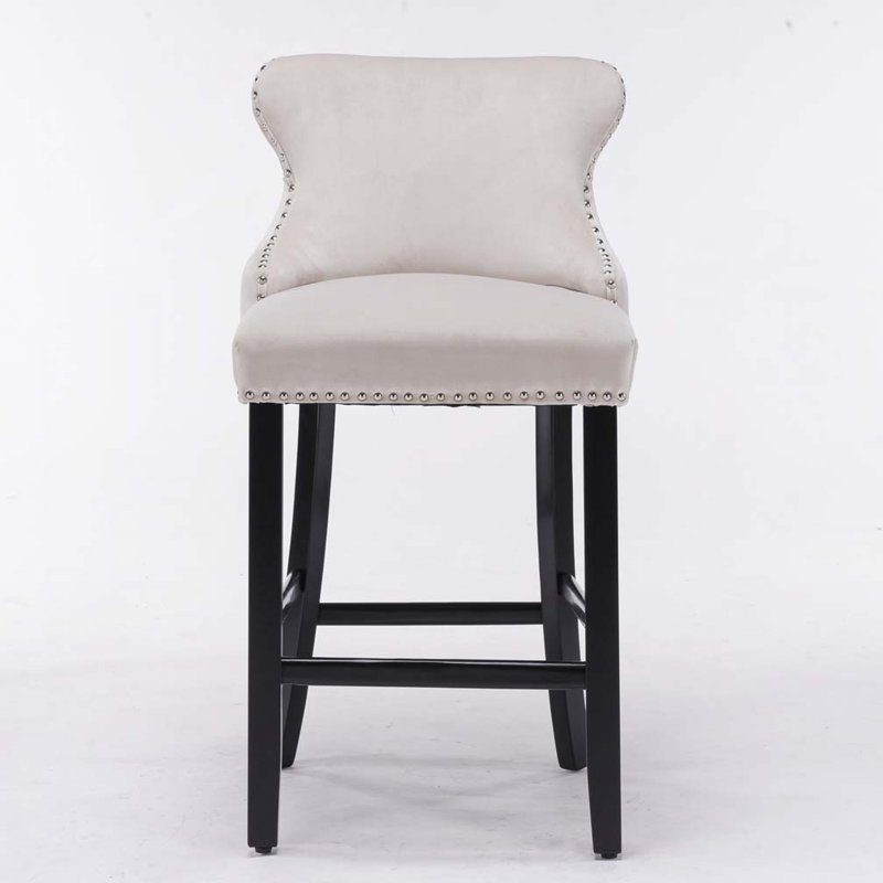 Velvet Upholstered Bar Stool Chair Set of 2, Beige Seat/Black Frame