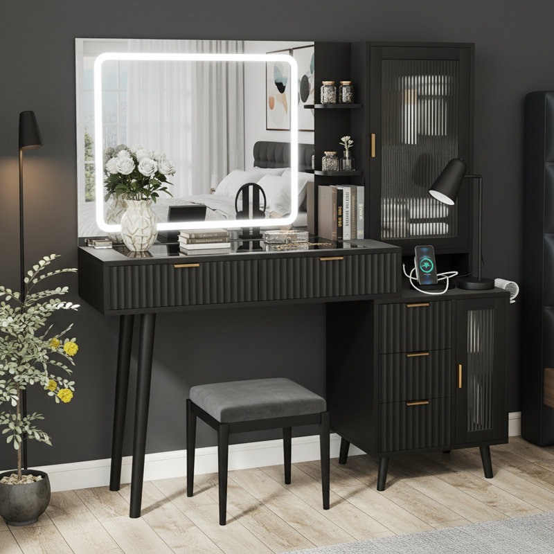 49'' Black Vanity Desk With Lighted Mirror And Charging Station, Fluted Wood Makeup Table With Glass Top & 5 Drawer, Black