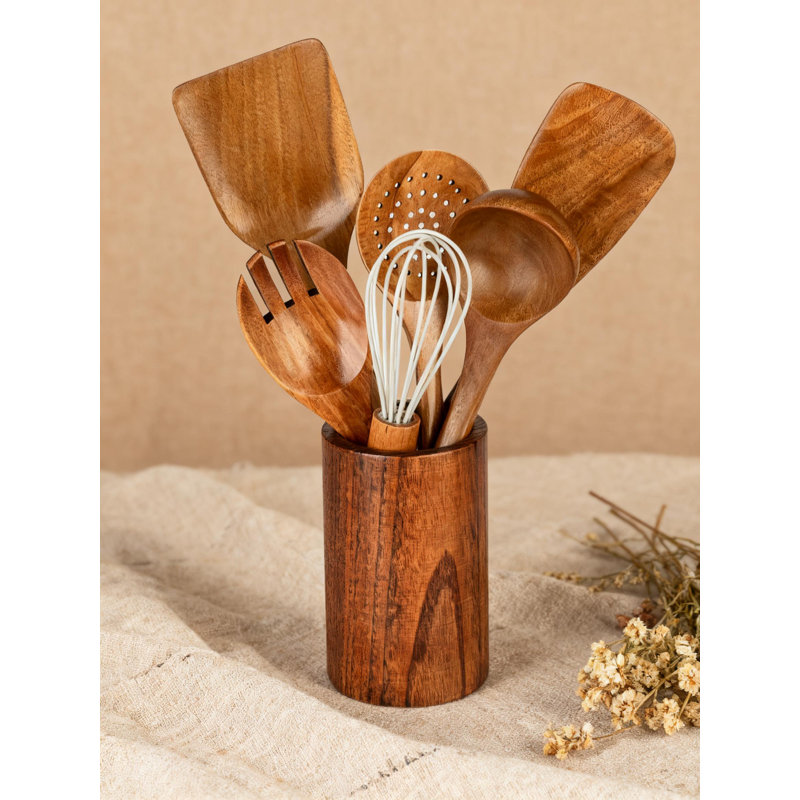 Ensemble 7 pièces d'ustensiles en bois d'acacia naturel avec support - cuillères de cuisson anti-égratignures, spatule, tourneur, écumoire, fourchette à salade pour batterie de cuisine antiadhésive