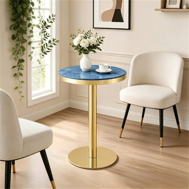 Panneau de fibres à densité moyenne rond de 23,6 po recouvert d'un comptoir de peinture UV, texture marbre, bordure en acier inoxydable, pieds de table en métal, table basse moderne et luxueuse.