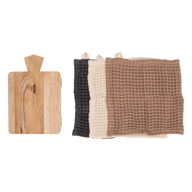 Cotton Dishcloth On A Mango Wood Board, Black/Brown/Beige