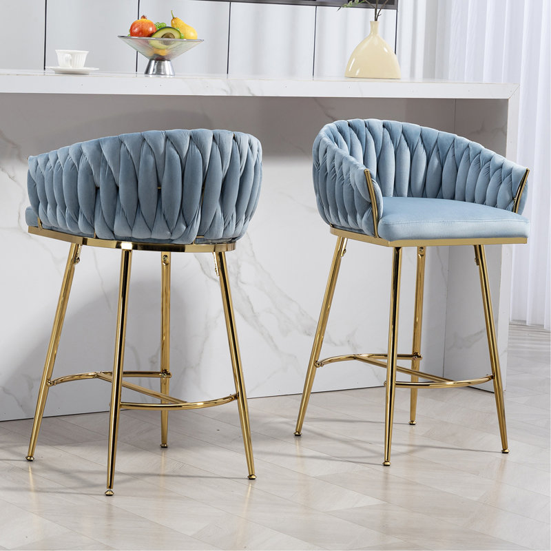 26'' Counter Height Bar Stools Set Of 2 Kitchen Island Counter Bar Stool With Hand- Wave Back, Golden Chromed Base And Footrest(BLUE)