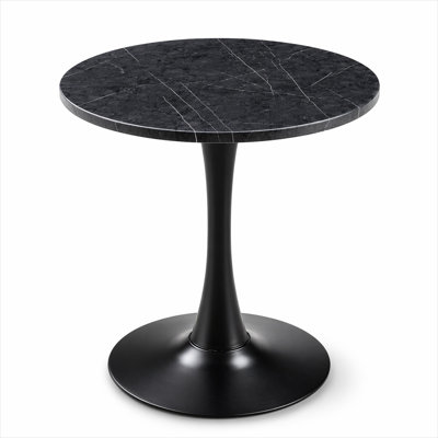 Mid-Century Modern Round Dining Table with Deep Black Faux Marble Top, 23.6-Inch Space-Saving Pedestal Base