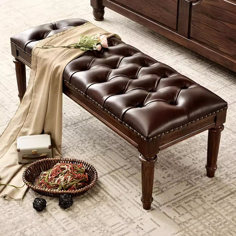 Brown Modern Upholstered Wood Style Bedroom and Entryway Leather Long Bench, Brown, 19.29" H x 47.24" W x 15.75" D