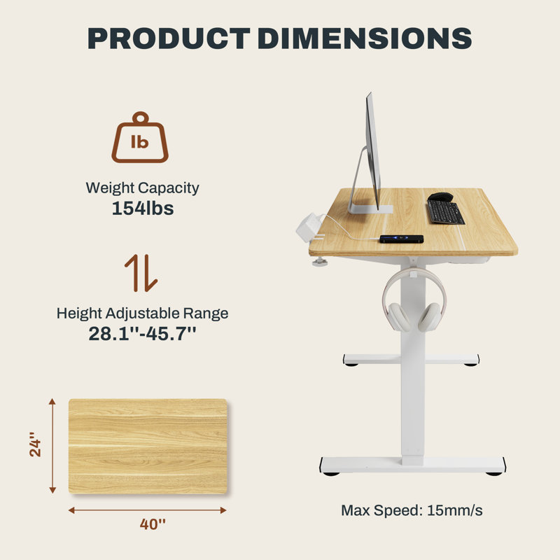 Home Office Height Adjustable Standing Desk With Built-in Power Outlet, Maple/White