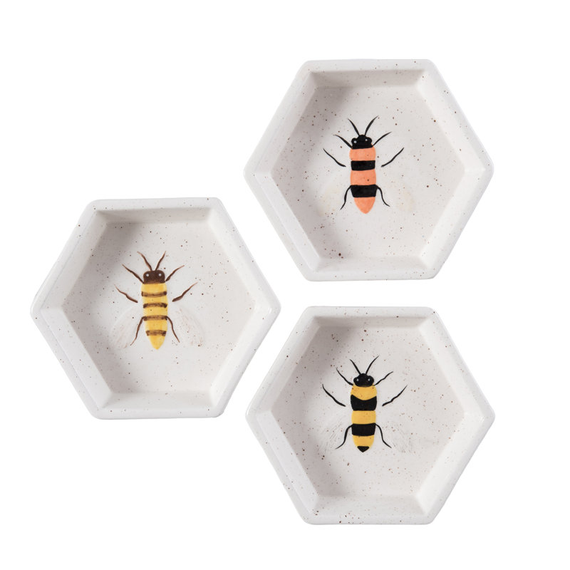 Dolomite Bee Trinket Dish, Decoratrive Tray, White, Ceramic, Set of 3, Tabletop, Living Room, Spring, Home Decoration