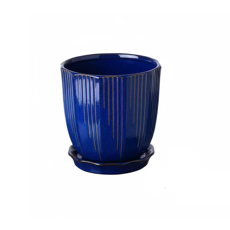 6" White Ceramic Planter (with Drainage & Saucer), Blue