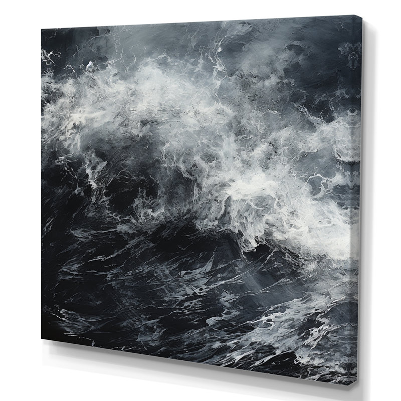 Tempête de vague noire et blanche I sur toile, Toile tendue, H 24 po x l 24 po x P 1 po