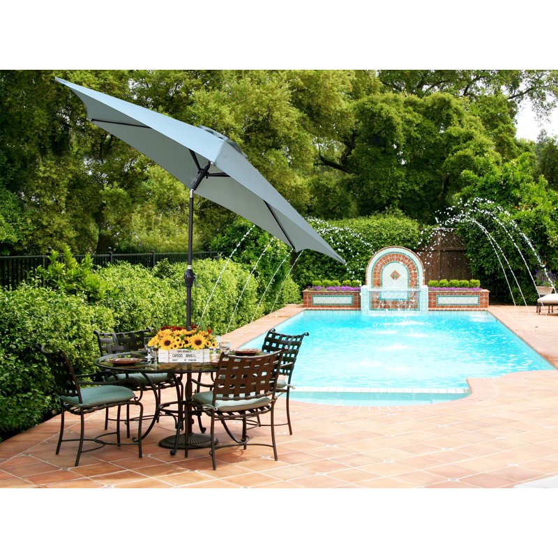 cheap patio table with umbrella 5pc Patio Set with 37" Square Metal Gridded Table with Umbrella Hole & Arm  Chairs